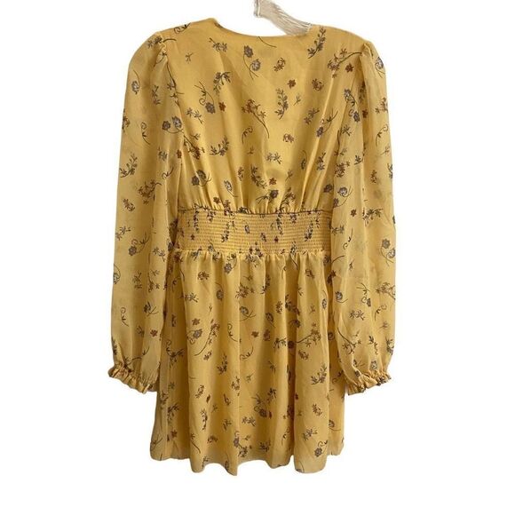 Wilfred Yellow Floral Long Sleeve Chiffon Babydoll Dress Smocked Waist V-neck XS - Picture 2 of 5